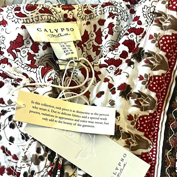 NWT,Calypso St Barth,Quilted Bib-Front Boho Folk Print Cotton Blouse,Size M - Picture 5 of 15